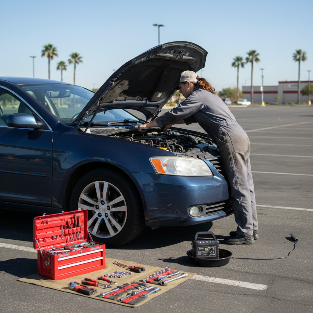 Mobile mechanic working on a car engine in a parking lot, tools organized on the ground beside the vehicle, daylight