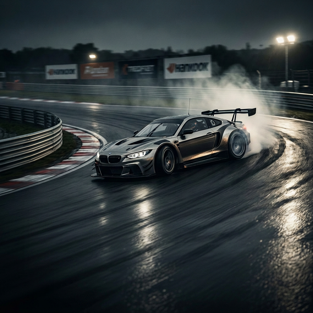Sports car drifting on a wet racetrack with smoke; text reads “DRIFT RAW POWER.”