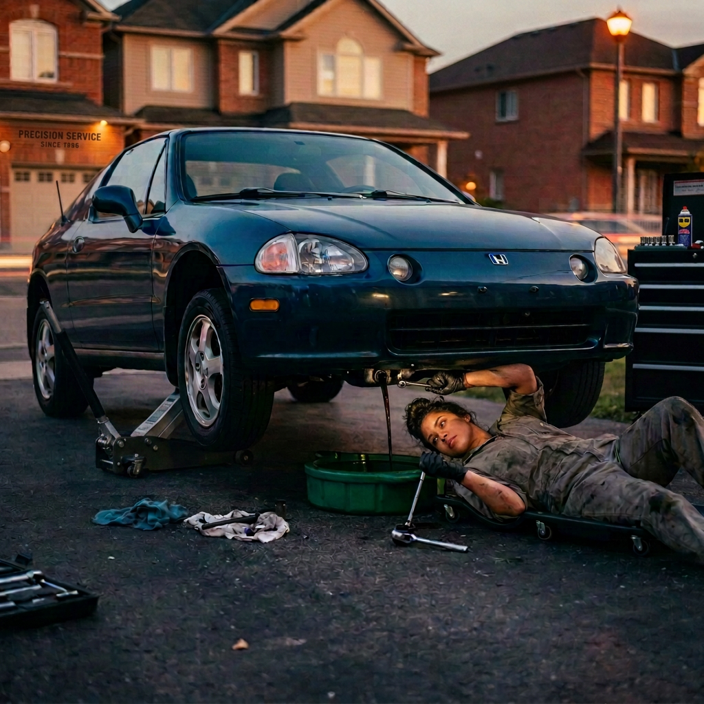 Mechanic changing oil beneath a raised Honda car in a driveway