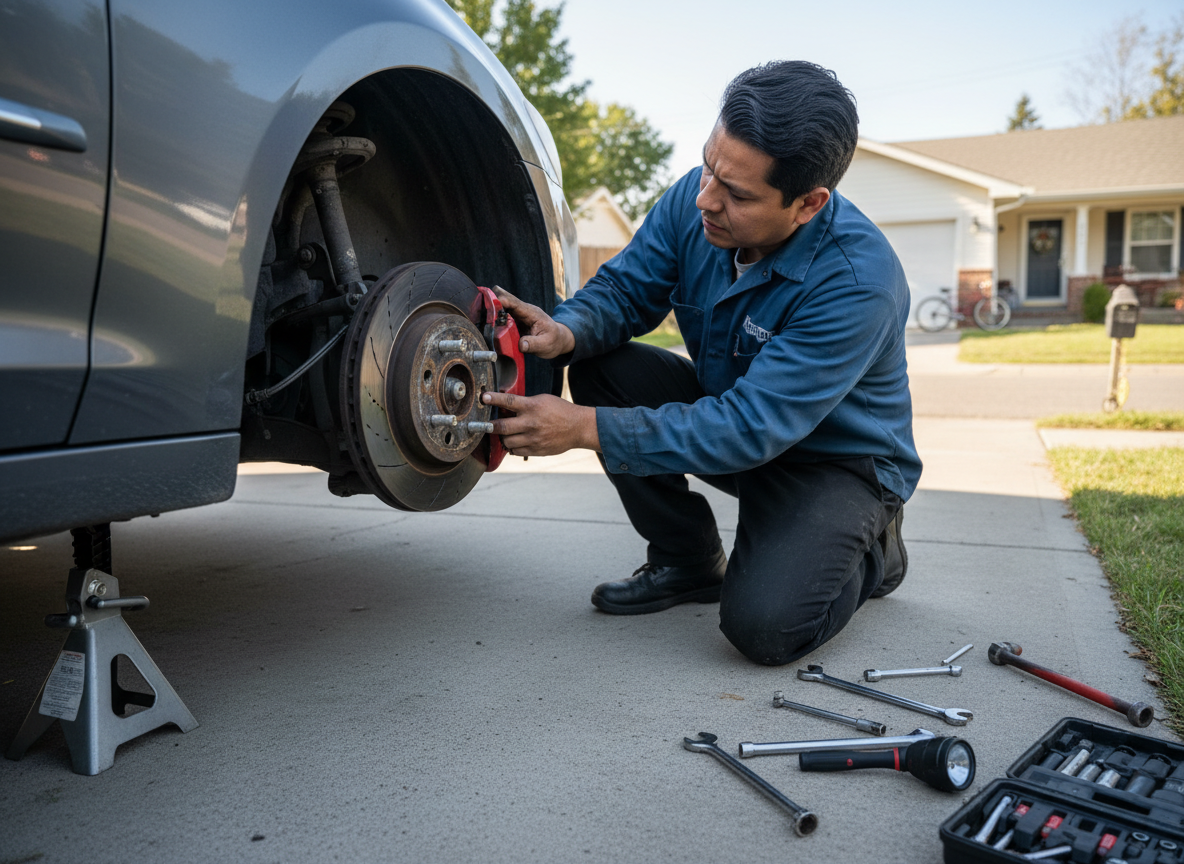 A Latino man mechanic kneeling beside the front wheel of a car in a residential driveway, jack stand positioned under the door sill at realistic working height, mechanic closely inspecting the brake rotor and caliper with his hands near the wheel, brake components clearly visible, tools laid out on the ground nearby, photorealistic, natural daylight, eye-level camera angle