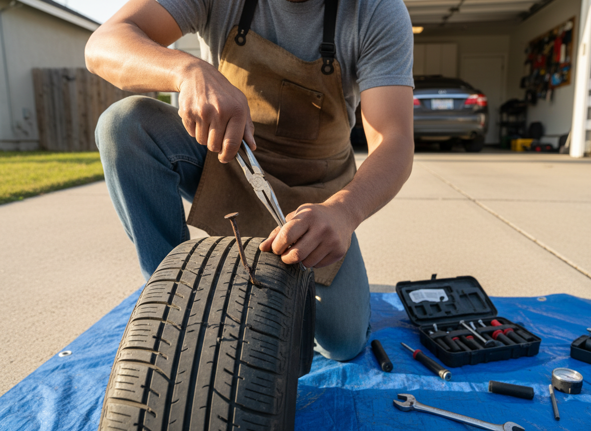 A Latino man mechanic kneeling on a residential driveway, using pliers to pull a nail out of a car tire. The tire is removed from the car and lying flat on the ground in front of him. The nail is clearly visible stuck in the tire tread, and his hands are gripping it with pliers mid-extraction. A tire plug repair kit and tools are spread out beside him on the ground. Photorealistic, natural daylight, eye-level camera angle, close detail on the nail in the tire tread.