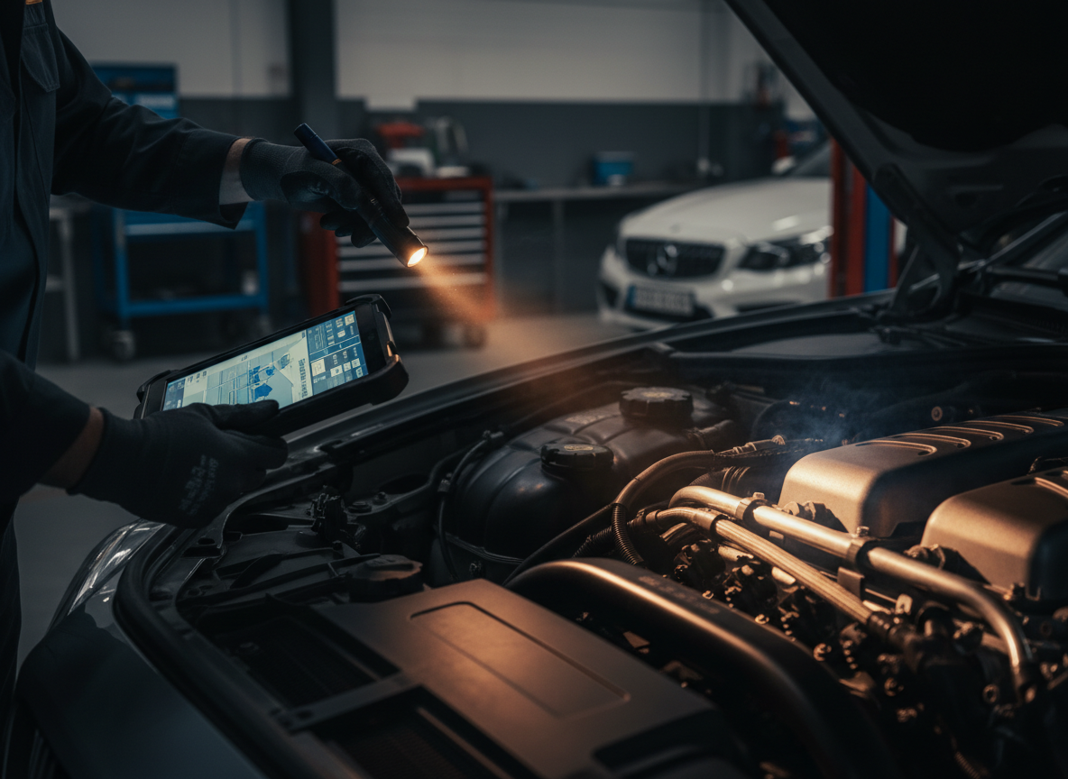 Cinematic close-up of a technician's gloved hands using a diagnostic tablet during a multipoint inspection