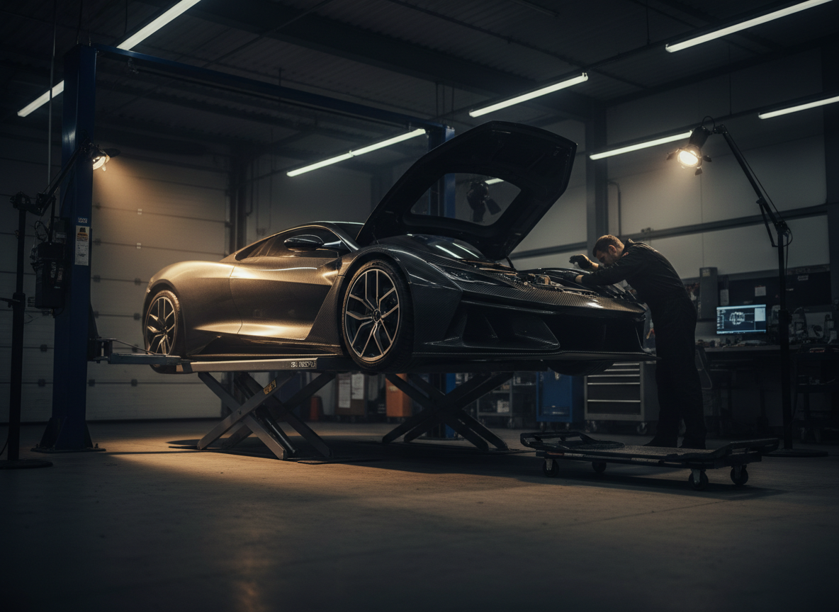 Cinematic, dramatic low-angle photograph of a sleek modern car being serviced in a dark professional automotive shop